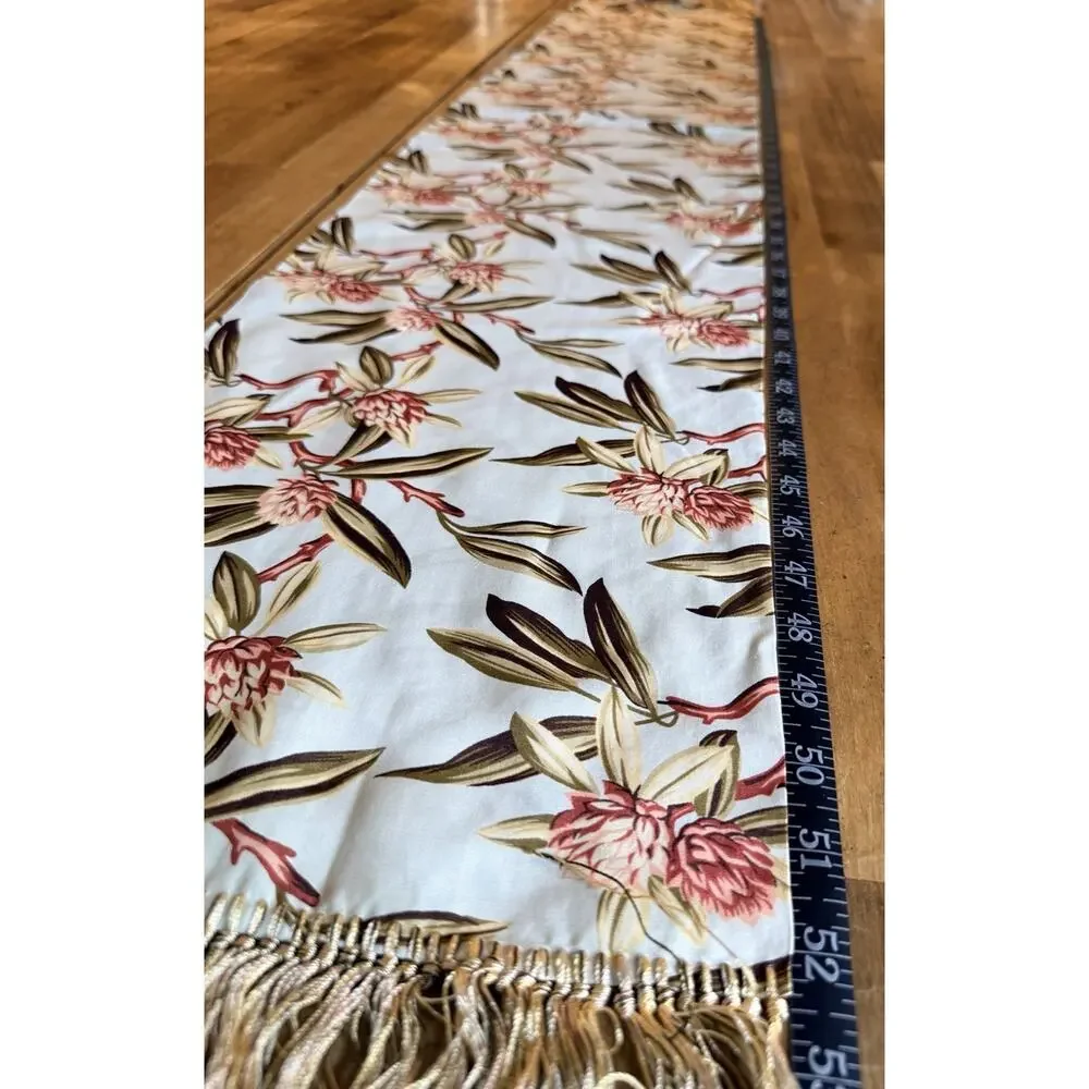 Vintage Nick and Nora Tropical Floral Table Runner Fringe Muted Color Home Decor